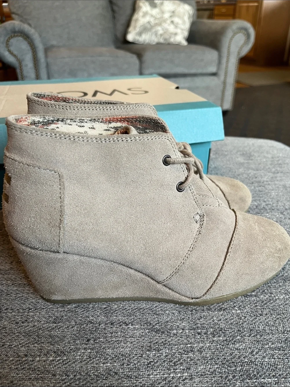 TOMS Beige Suede Wedge Ankle Booties